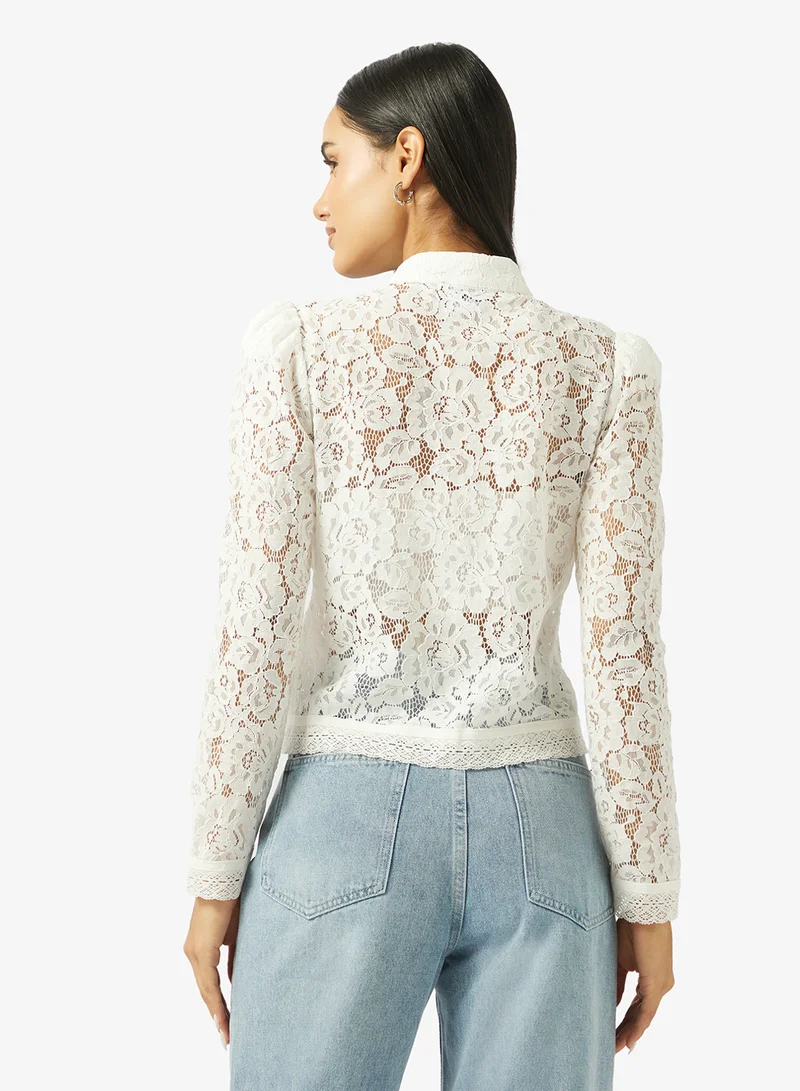 جينجر Mock Neck Lace Button Down Shirt